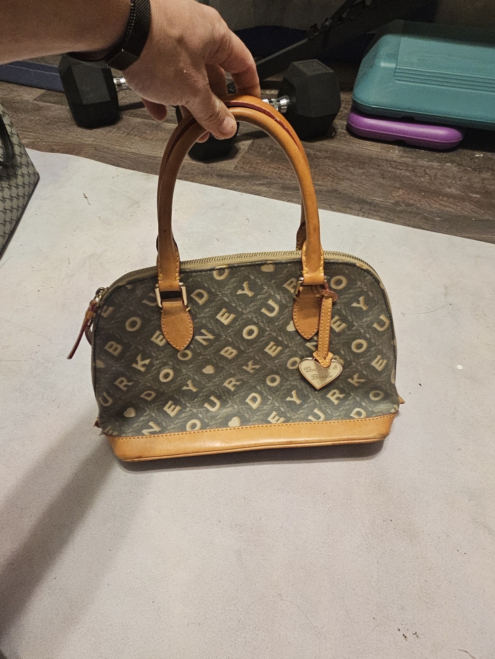Dooney & Bourke Brown Monogram Satchel with Tan Trim